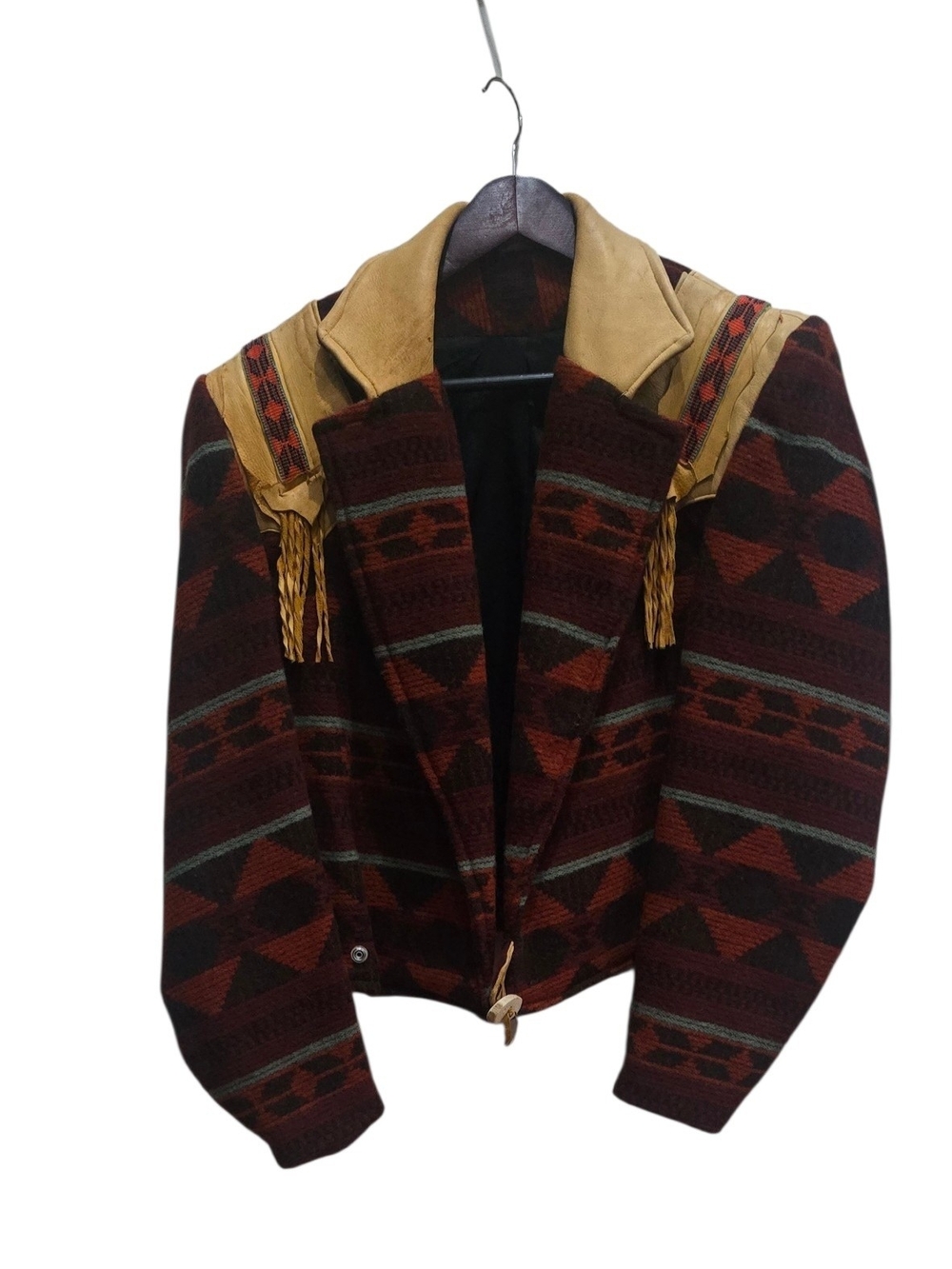 Vintage 80s/90s Southwestern Wool Blanket Jacket with Leather Fringe